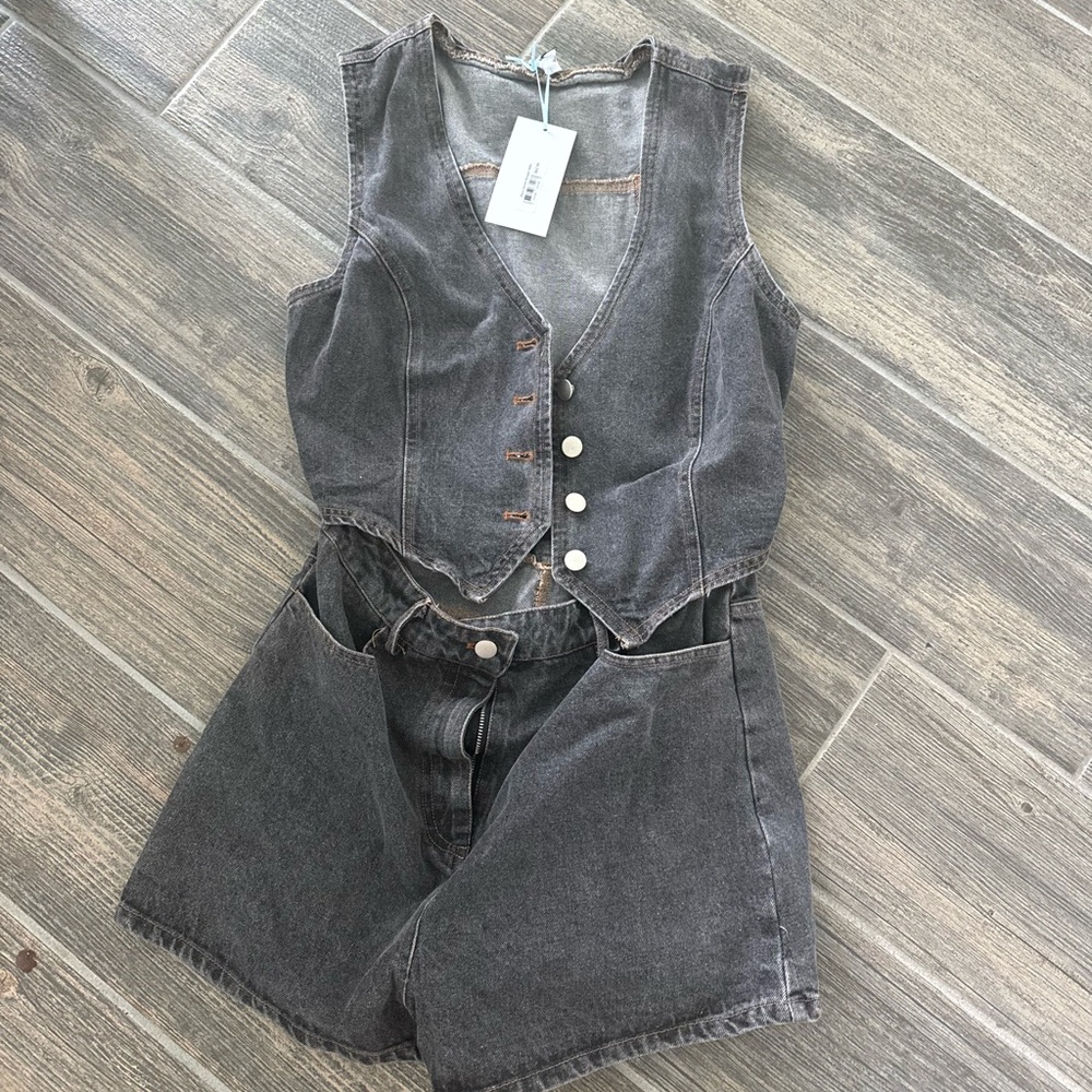Gray Denim Vest and Shorts Romper